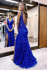 V-neck Backless Sequin Mermaid Long Prom Dress with Slit