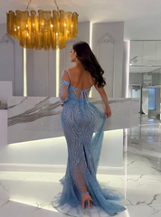 Sexy One Sleeve Baby Blue Strapless Beaded Mermaid Prom Dress