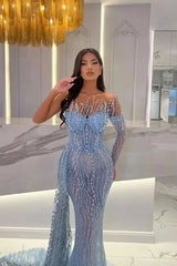 Sexy One Sleeve Baby Blue Strapless Beaded Mermaid Prom Dress