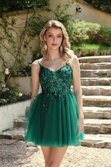 Short A-line Tulle Appliques Lace Spaghetti Straps Backless Prom Dress
