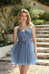 Short A-line Tulle Appliques Lace Spaghetti Straps Backless Prom Dress