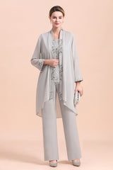 Silver Chiffon Sequins Mother Of The Bride Jumpsuit with Jacket Babyonlines