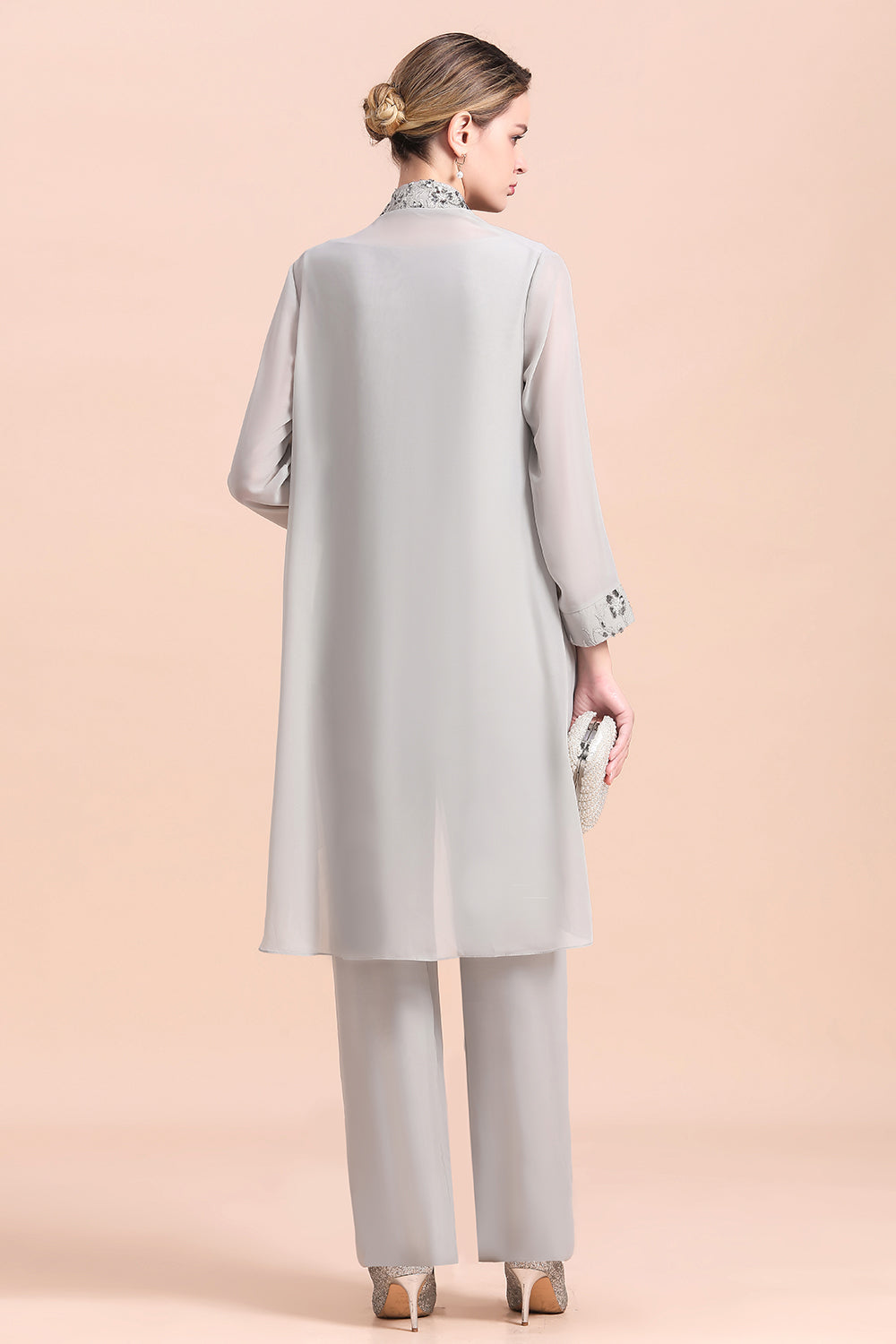 Silver Chiffon Sequins Mother Of The Bride Jumpsuit with Jacket Babyonlines