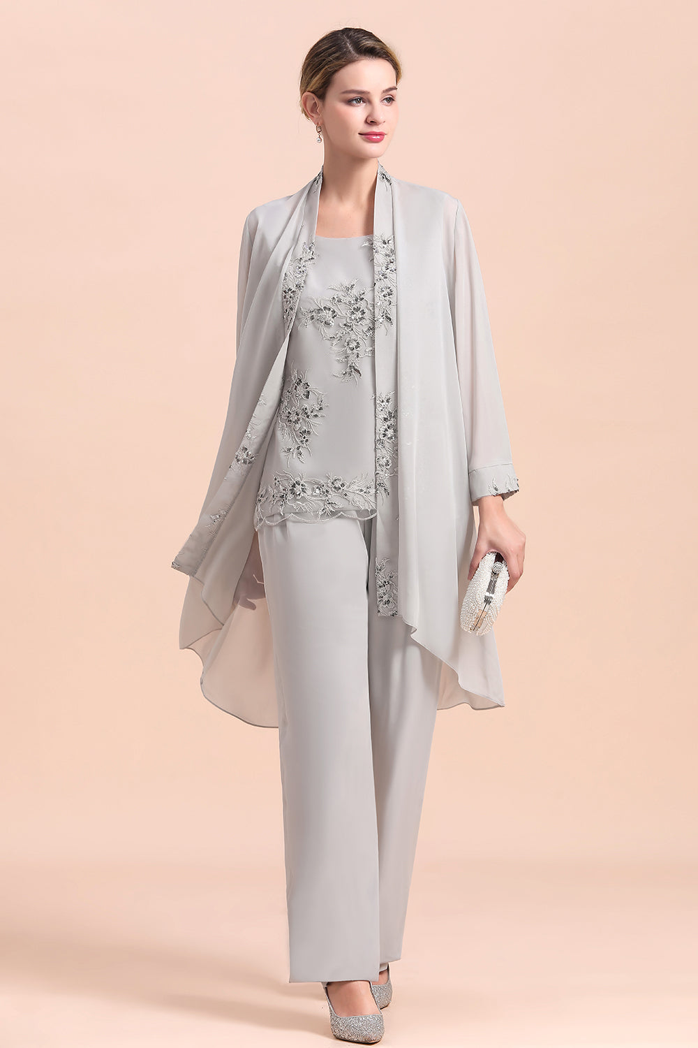 Silver Chiffon Sequins Mother Of The Bride Jumpsuit with Jacket Babyonlines