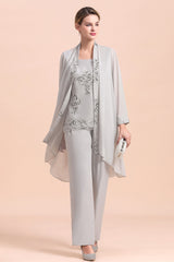 Silver Chiffon Sequins Mother Of The Bride Jumpsuit with Jacket Babyonlines