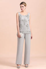 Silver Chiffon Sequins Mother Of The Bride Jumpsuit with Jacket Babyonlines