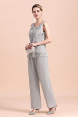 Silver Chiffon Sequins Mother Of The Bride Jumpsuit with Jacket Babyonlines