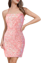 Spaghetti Straps Backless Sparkly Sequins Mini Homecoming Dress