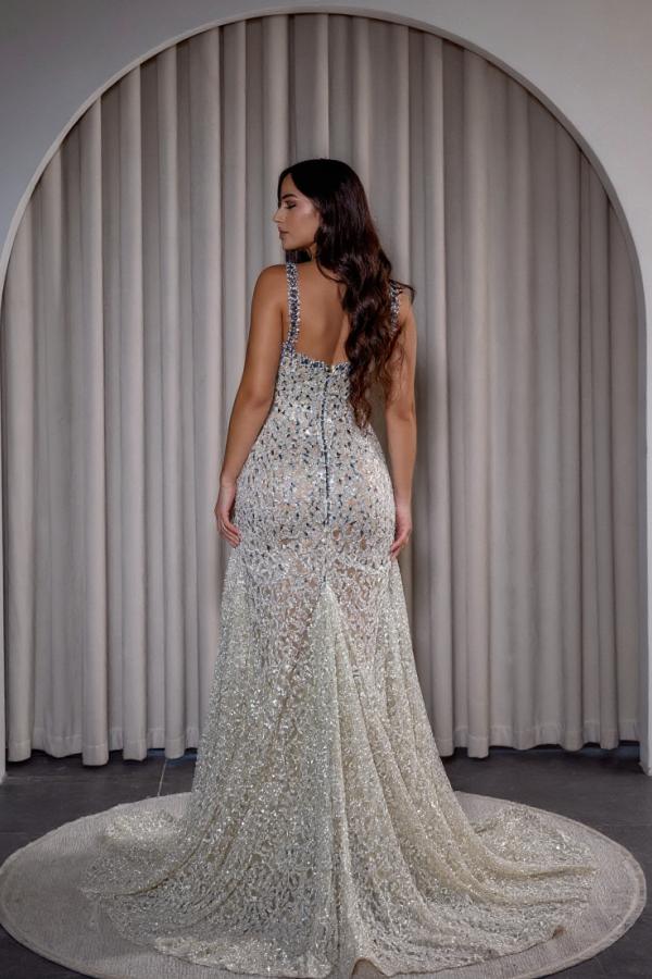 Long Spaghetti Straps Beaded Sequined Formal Evening Dresses with Split