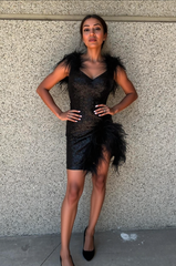 Sparkly Black V-Neck Tight Short Homecoming Dress with Feathers