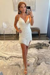 Sparkly V-neck White Beaded Tassel Short Homecoming Dress