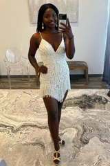Sparkly V-neck White Beaded Tassel Short Homecoming Dress