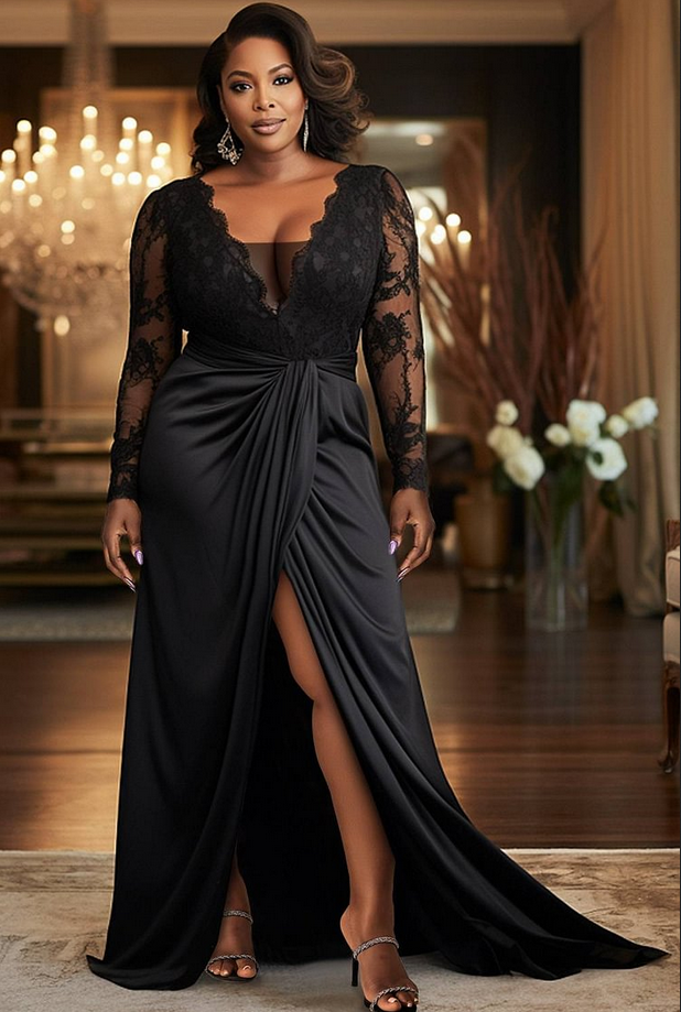 Split Black Long Sleeve Lace Satin Mother Of The Bride Dress Babyonlines