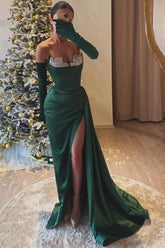 Chic Green Slit Strapless Long Mermaid Prom Dress with Long Gloves