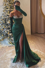 Chic Green Slit Strapless Long Mermaid Prom Dress with Long Gloves