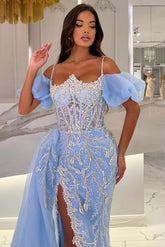 Beautiful Blue Split Spaghetti Straps Off The Shoulder Mermaid Tulle Prom Dress