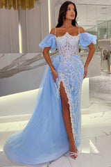 Beautiful Blue Split Spaghetti Straps Off The Shoulder Mermaid Tulle Prom Dress