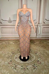 Straight Mermaid Long Tulle Sliver Rhinestones Zipper Prom Dress -babyonlines