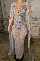 Tulle Asymmetrical Long Rhinestones Prom Dress with Watteau Train-babyonlines