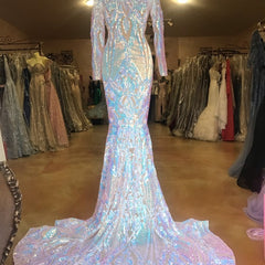 V-neck Long Sleeves Sequin Long Mermaid Prom Dress