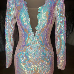 V-neck Long Sleeves Sequin Long Mermaid Prom Dress
