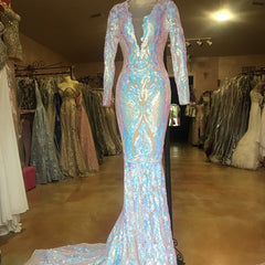 V-neck Long Sleeves Sequin Long Mermaid Prom Dress