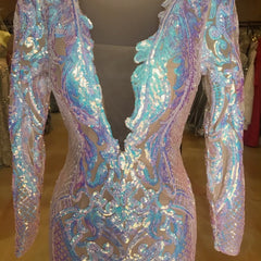 V-neck Long Sleeves Sequin Long Mermaid Prom Dress