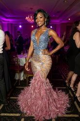 V-neck Sleeveless Feather Mermaid Sequins Long Prom Dress