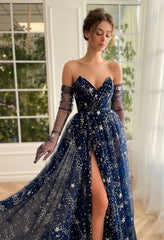 V-neck Tulle Ball Gown with Split Front and Princess Sweep Train Prom Dress