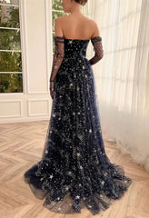 V-neck Tulle Ball Gown with Split Front and Princess Sweep Train Prom Dress