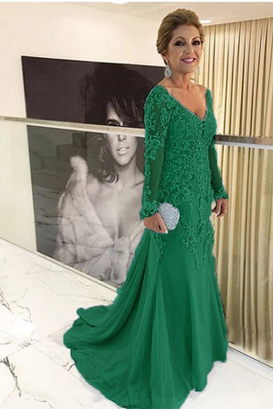 V-neck Tulle Long Sleeve Lace Mother Of The Bride Dresses Babyonlines