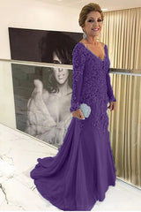 V-neck Tulle Long Sleeve Lace Mother Of The Bride Dresses Babyonlines