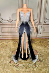 Velour A-line V-neck Long Sleeveless Prom Dress with Rhinestones -babyonlines