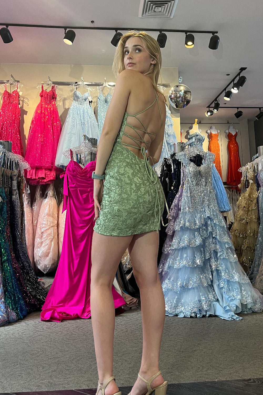 Stormy Spaghetti Straps Tight Short Homecoming Dress with Appliques