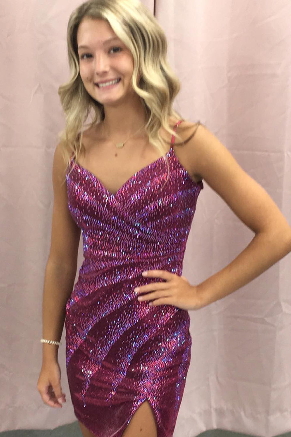 Sparkly Black Sequined Spaghetti Straps Tight Short Hoco Dress with Slit