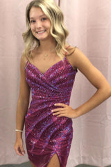 Sparkly Black Sequined Spaghetti Straps Tight Short Hoco Dress with Slit