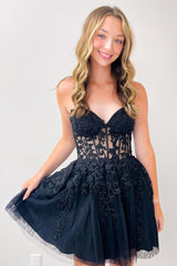 Sparkly Fuchsia Corset A-Line Tulle Short Homecoming Dress with Lace