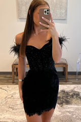 Sparkly Black Off The Shoulder Corset Tight Short Homecoming Dress with Feathers