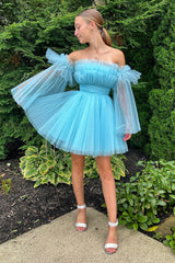 A-Line Blue Tulle Short Homecoming Dress with Detachable Long Sleeves