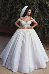 White Flower Embellished Off-the-shoulder Ball Gown Satin Wedding Dress