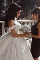 White Flower Embellished Off-the-shoulder Ball Gown Satin Wedding Dress