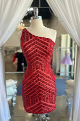 Fuchsia One Shoulder Sequins Tight Short Homecoming Dress