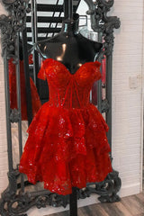 Sparkly Dark Red Corset Tiered Lace A-Line Short Homecoming Prom Dress