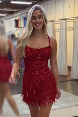 Sparkly Golden Spaghetti Straps Sequins Fringed Tight Short Hoco Dress