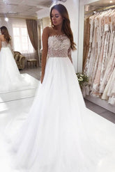 A-Line Bateau Long Sleeve Floor-Length Wedding Dress with Pearl Lace