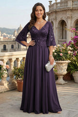 A Line Chiffon 3/4 Flutter Sleeves Mother of the Bride and Groom Dresses with Beaded Lace Embroidered Bodice