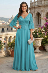 A Line Chiffon 3/4 Flutter Sleeves Mother of the Bride and Groom Dresses with Beaded Lace Embroidered Bodice