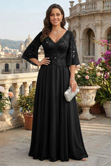 A Line Chiffon 3/4 Flutter Sleeves Mother of the Bride and Groom Dresses with Beaded Lace Embroidered Bodice