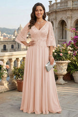 A Line Chiffon 3/4 Flutter Sleeves Mother of the Bride and Groom Dresses with Beaded Lace Embroidered Bodice