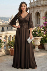 A Line Chiffon 3/4 Flutter Sleeves Mother of the Bride and Groom Dresses with Beaded Lace Embroidered Bodice